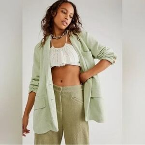 Free People Womens Blazer Like A Cloud Green Long Sleeve Button Front Size Mediu